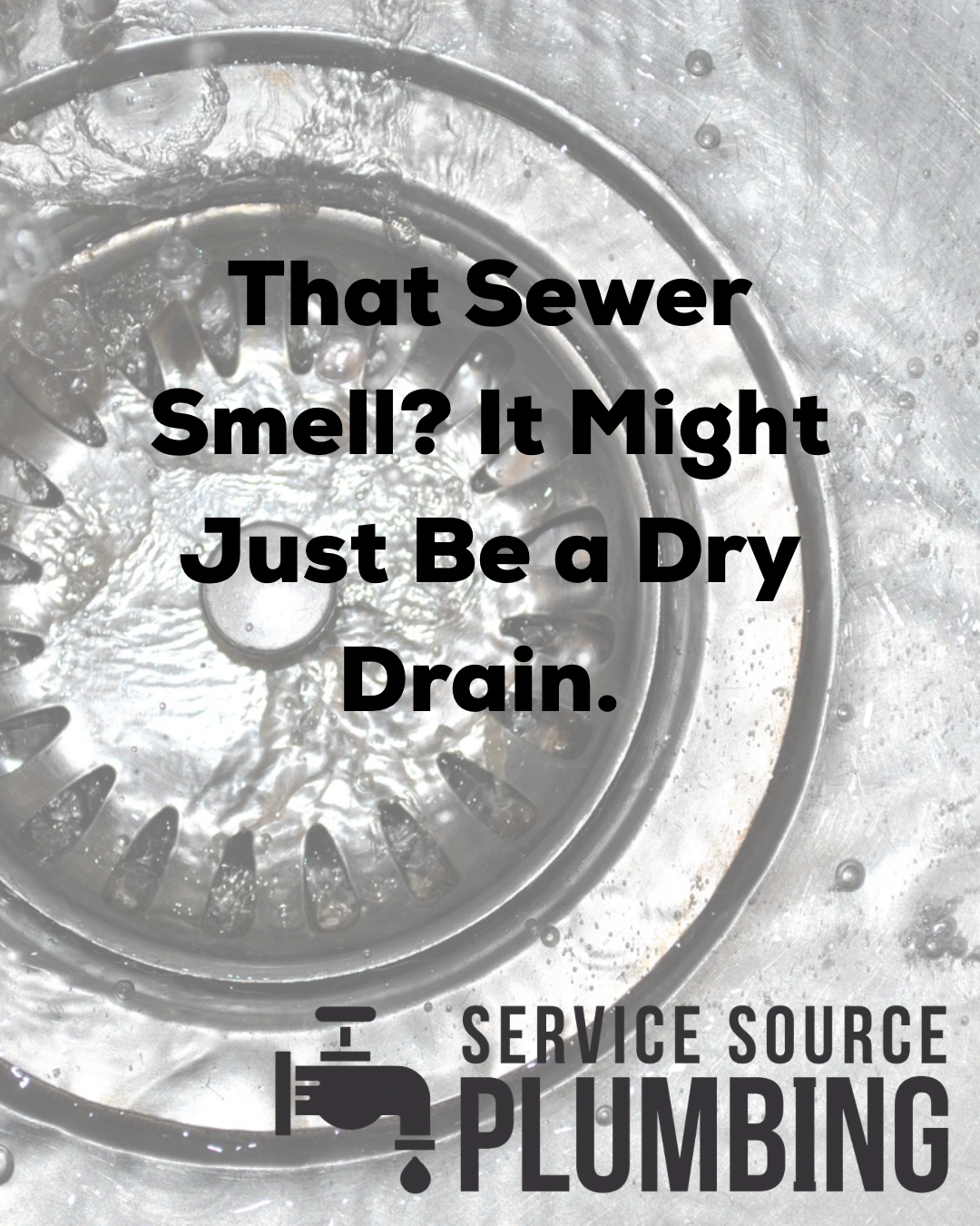 Close-up of a metal drain with text: “That Sewer Smell? It Might Just Be a Dry Drain.”