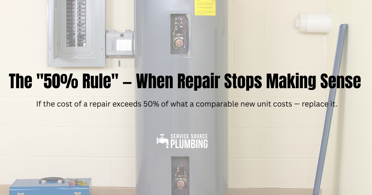 A gray water heater stands in a room with a plumbing company logo and text explaining the 50% rule for appliance repair.