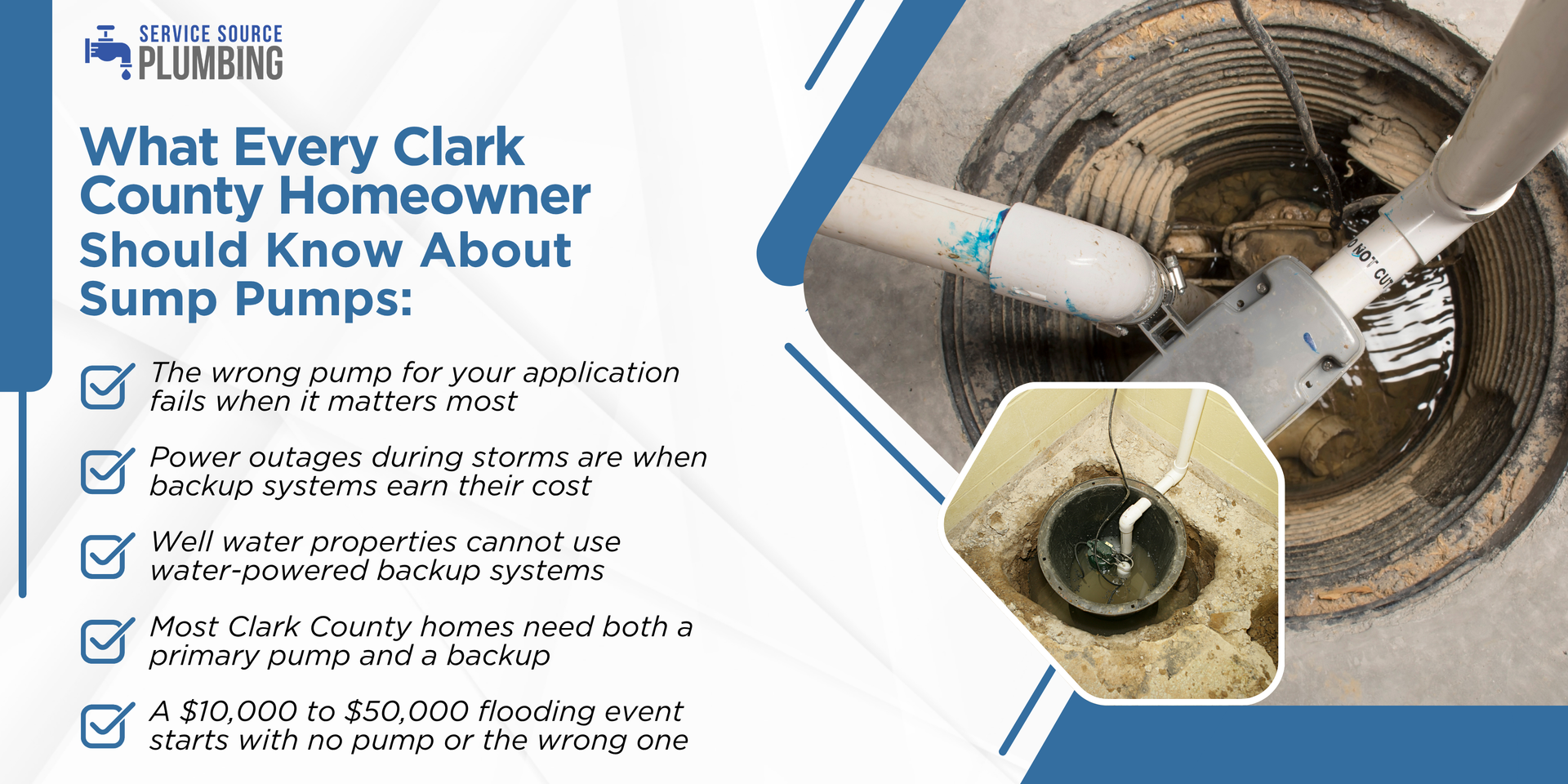 Infographic on sump pumps: “What every Clark County homeowner should know,” with pump and pipe illustration. Infographic on sump pumps: “What every Clark County homeowner should know,” with pump and pipe illustration.