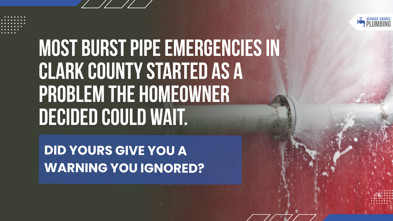 Clark County burst pipe warning graphic with white text over a red water-leak background