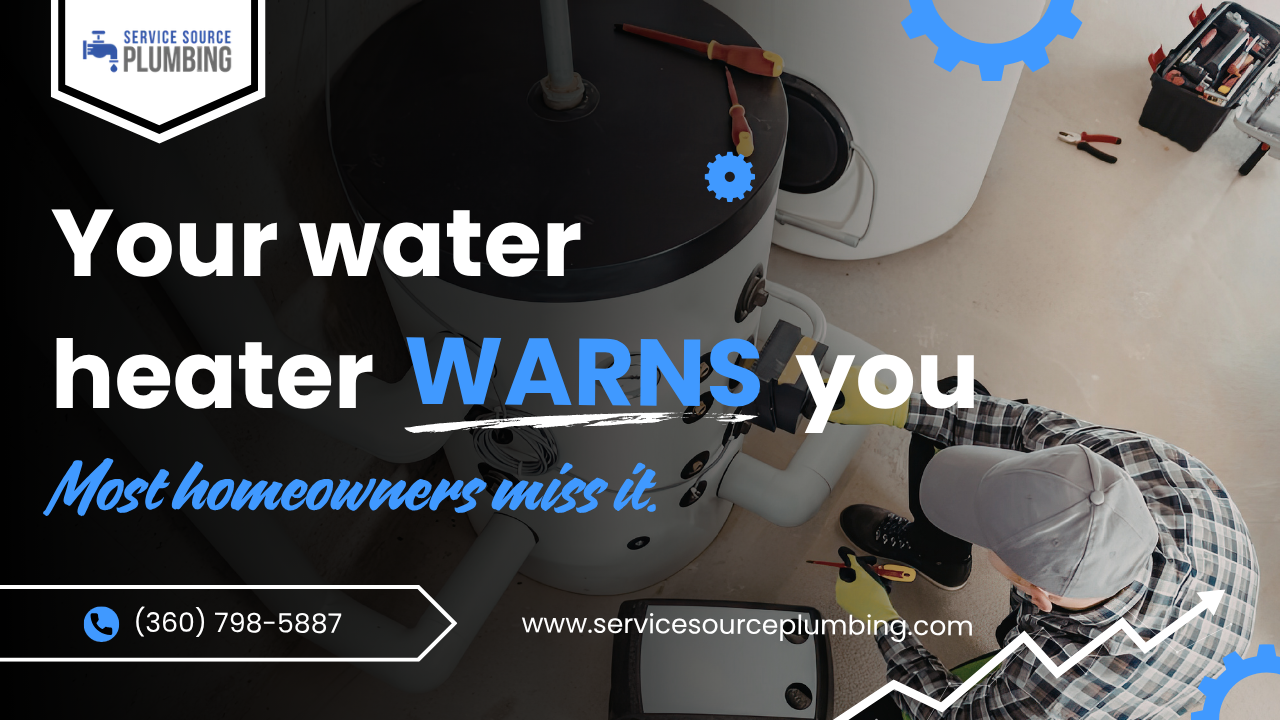 Water heater warning ad with plumber inspecting a tank in a utility room and text reading “Your water heater WARNS you.” Water heater warning ad with plumber inspecting a tank in a utility room and text reading “Your water heater WARNS you.”