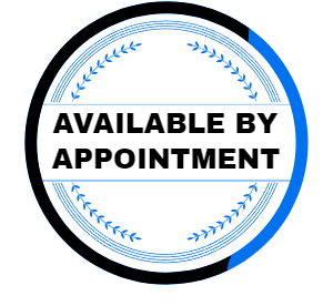 A blue and white circle that says available by appointment