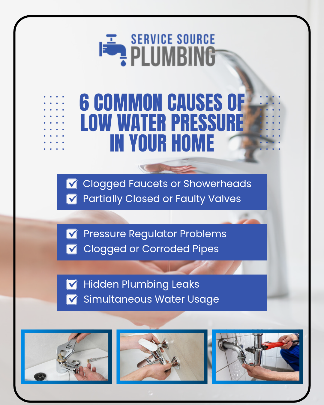 Plumbing service ad listing 6 causes of low water pressure in a home, with blue checklist and faucet photos