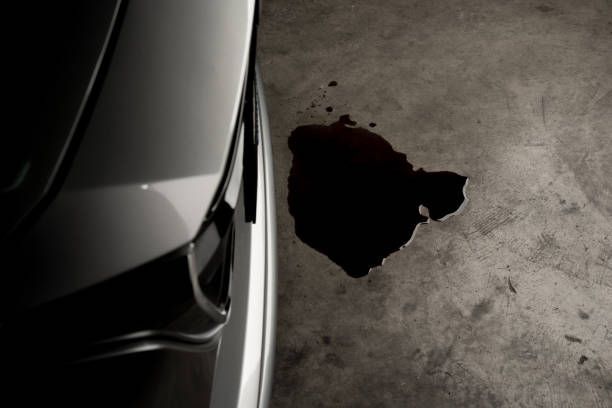 A man is holding a device in front of a car engine.