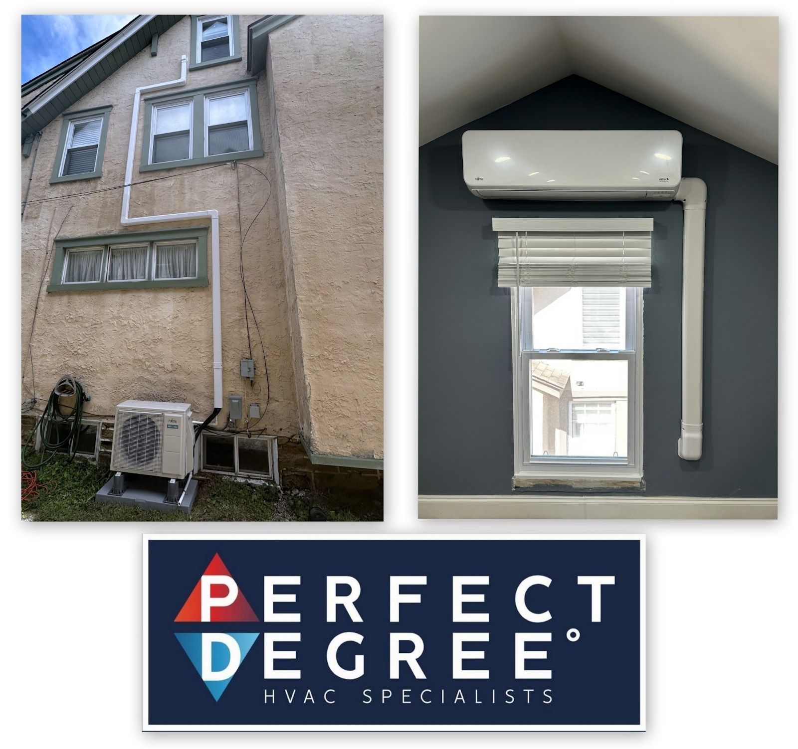 Exterior AC unit and interior wall-mounted unit connected by white piping. Perfect Degree HVAC Specialists logo below.