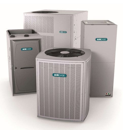 AirEase HVAC equipment: air conditioner, furnace, and heat pump units in a gray finish.