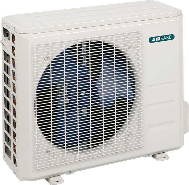 White outdoor air conditioner unit with a fan behind a wire grill.