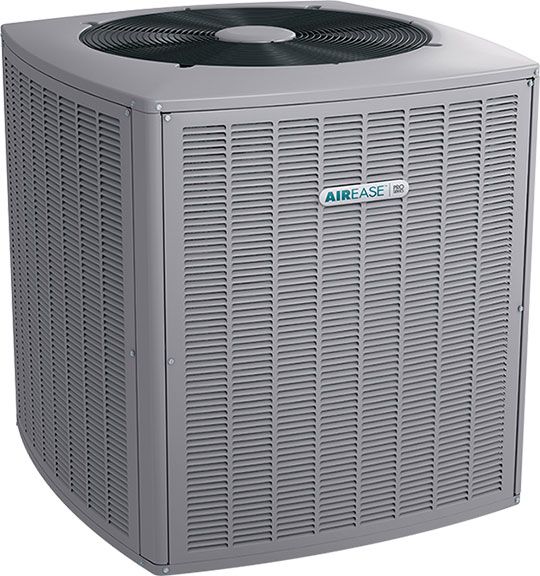 Air conditioning unit, gray metal exterior, top fan, outdoors.