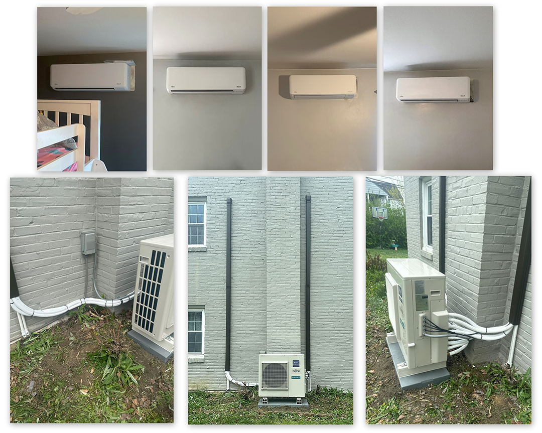 Installation of mini-split AC units: indoor wall units with outdoor compressors, connected by linesets running along brick walls.