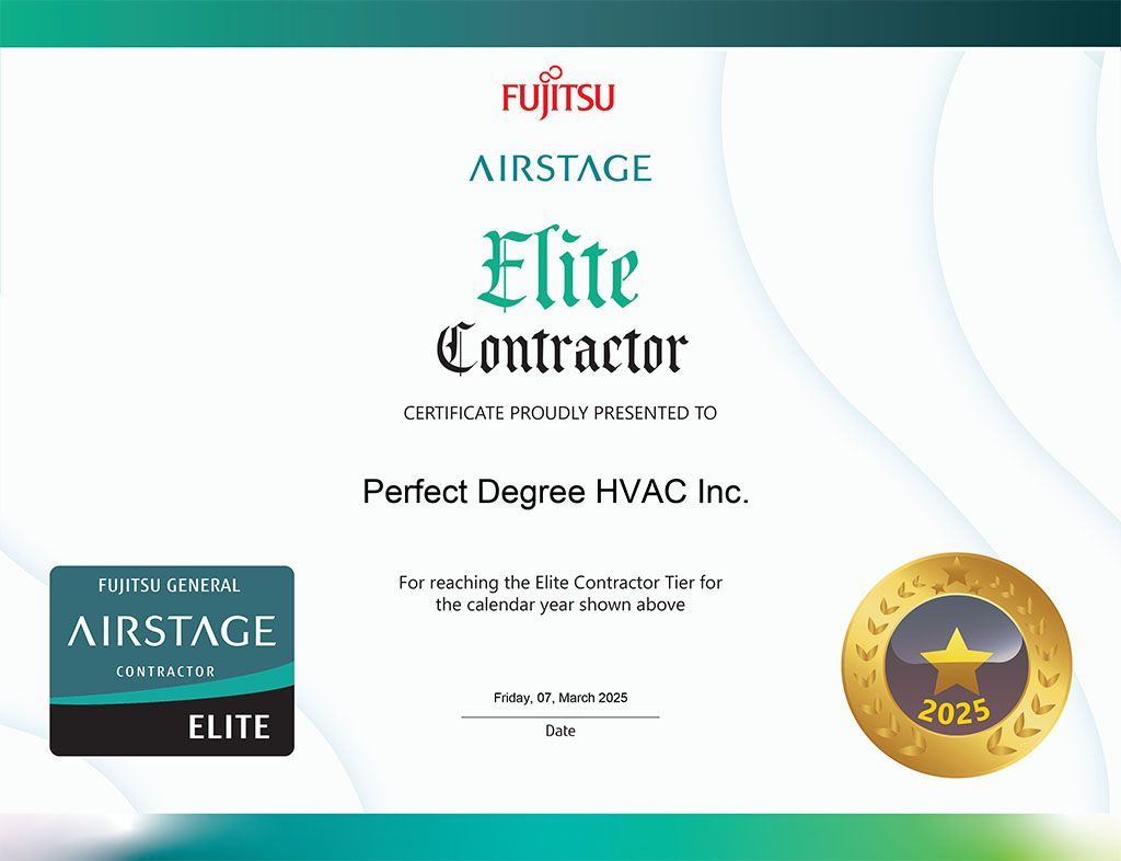 Fujitsu Airstage Elite Contractor certificate for Perfect Degree HVAC Inc., awarded in 2023.