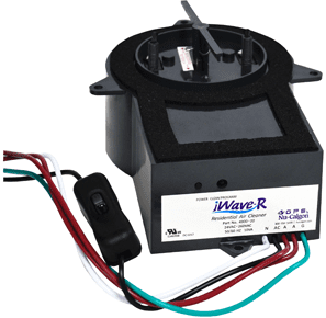 IWave-R residential air cleaner with wires and on/off switch. Black and white unit.