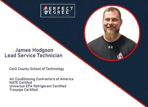 James Hodgson, Lead Service Technician, photo on a card, with certification badges.