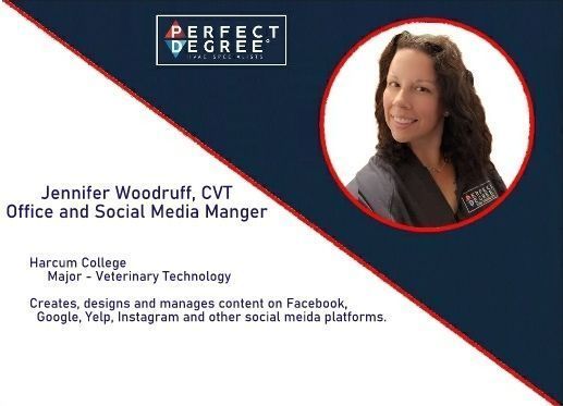 Promotional graphic with Jennifer Woodruff, CVT, Office and Social Media Manager, in a red-rimmed circle. Text mentions Harcum College and social media management.
