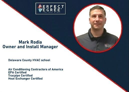 Mark Rodia, owner and install manager, with certifications listed. Includes logo and photo in a navy blue and white design.