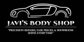 White logo of a car outline with &ldquo;JAV&rsquo;S BODY SHOP&rdquo; and the slogan &ldquo;Precision repairs, fair prices, & showroom shine every time.&rdquo;