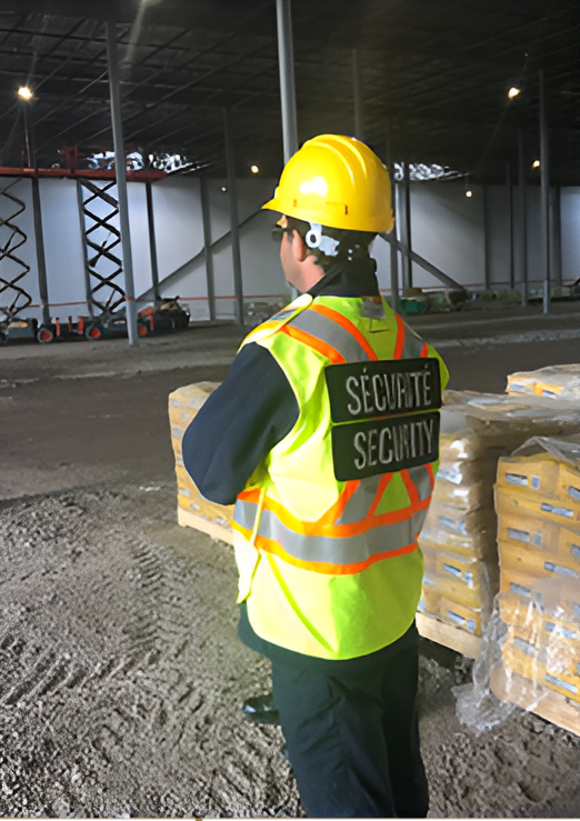 A man wearing a hard hat and a vest that says securite security