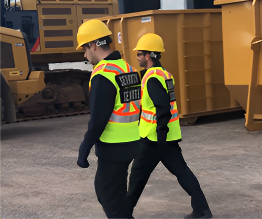 Two men wearing hard hats and vests that say security center