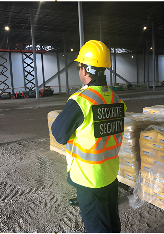 A man wearing a hard hat and a vest that says securite security