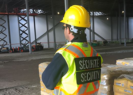A man wearing a hard hat and a vest that says securite security