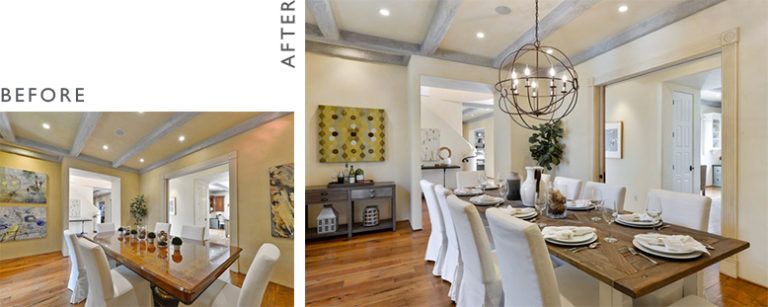 Before-and-after dining room photos. Before: long table, art. After: new table, chandelier, neutral decor.