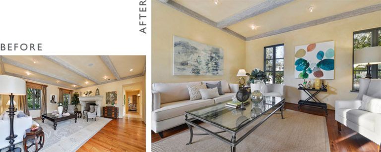 Before-and-after view of a living room renovation. The