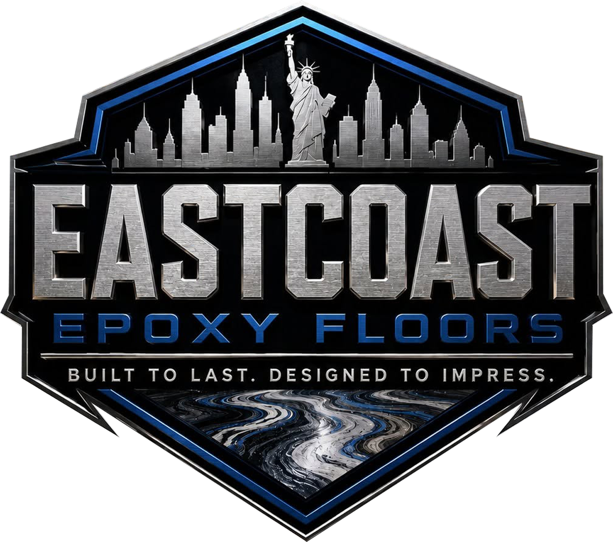Eastcoast Epoxy Floors logo with city skyline, blue accents, and “Built to last. Designed to impress.”
