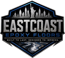 Eastcoast Epoxy Floors logo with city skyline, blue accents, and “Built to last. Designed to impress.”