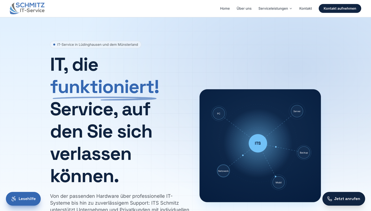 Startseite von ITS Schmitz IT-Service mit Logo, Navigation, der Überschrift „IT, die funktioniert!“ und einer Netzwerkgrafik