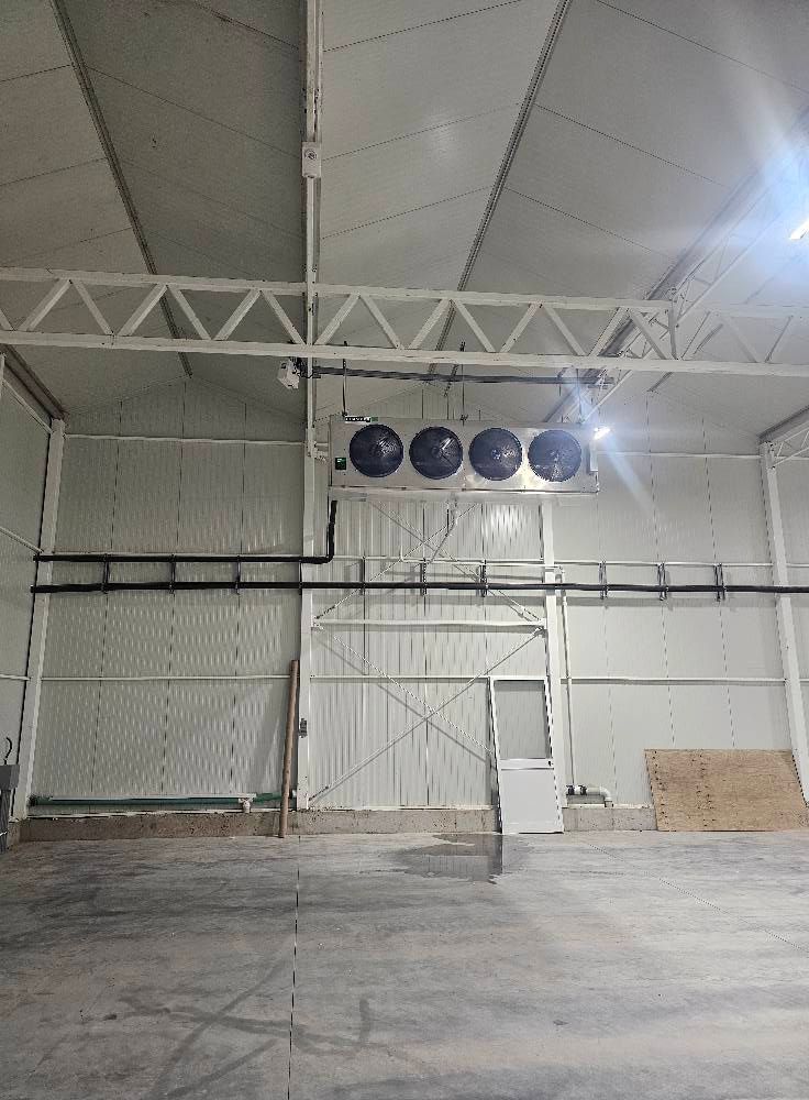 Inside a large, empty cold storage facility; white walls, ceiling, concrete floor. Overhead fans.