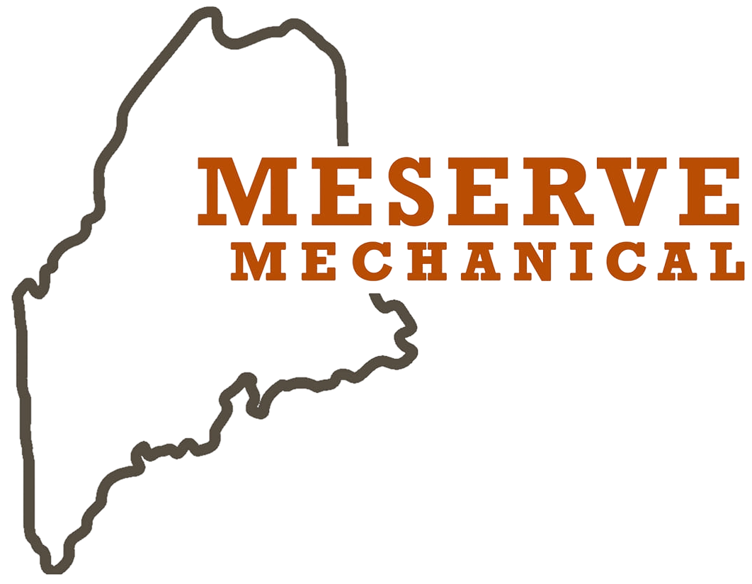 Logo for Meserve Mechanical, with the outline of Maine and brown text.