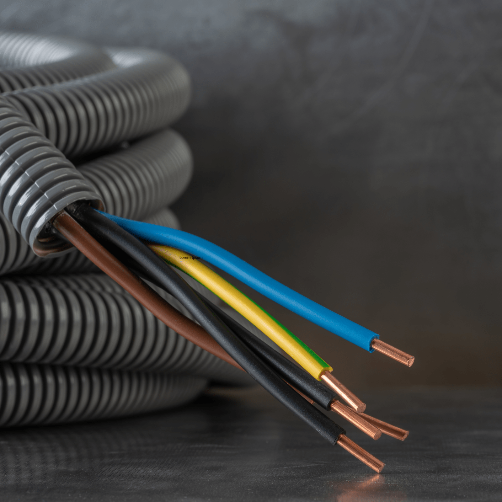 Coiled gray electrical conduit with five colored wires: brown, black, yellow/green, blue, and black.