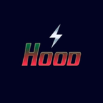 Logo with the word "Hood" in red and green gradient with a silver lightning bolt.
