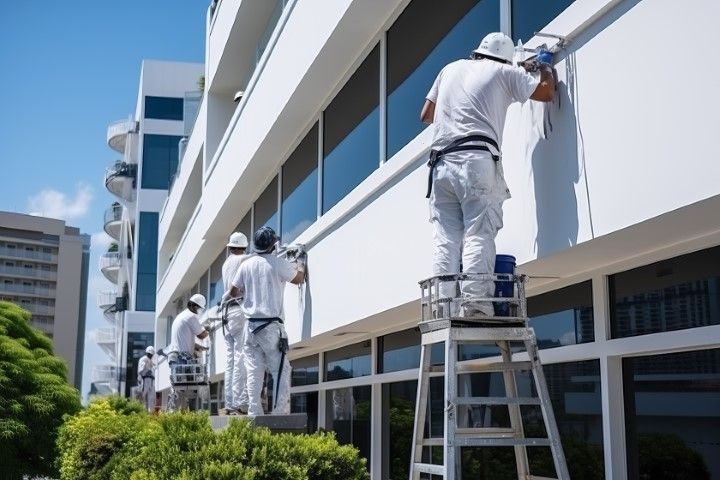 Workers in white uniforms painting the exterior of a modern building on scaffolding