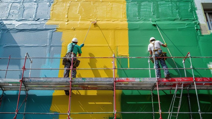 Two workers on scaffolding painting a wall in blue, yellow, and green blocks
