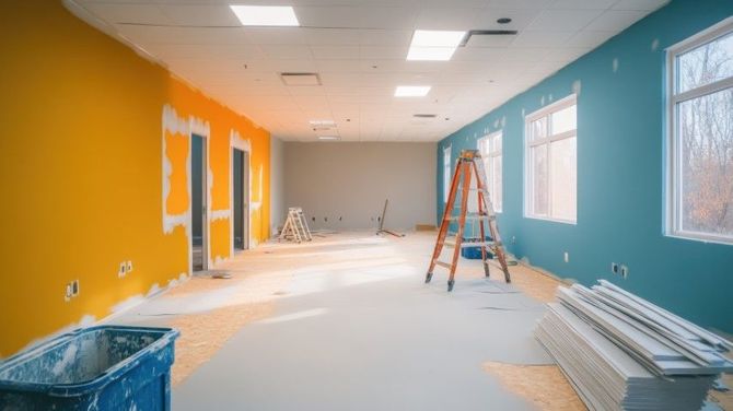 Bright hallway under renovation with orange walls, ladders, white trim, and construction materials scattered on the floor