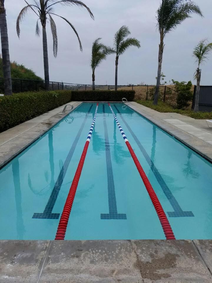 A large swimming pool with red white and blue lanes