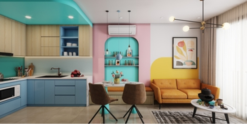 A living room with a couch , chairs , a table and a kitchen.