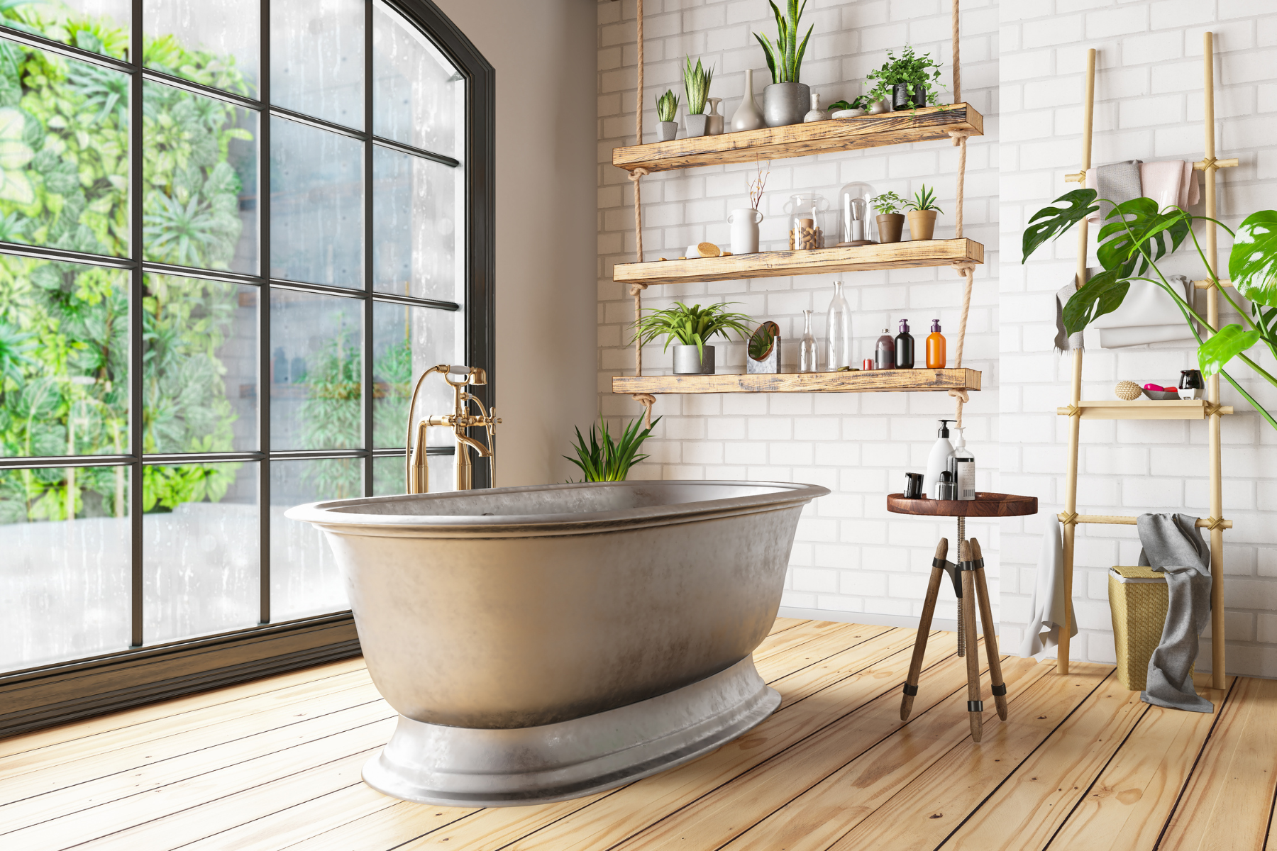 A bathroom with a bathtub , shelves , and a large window.