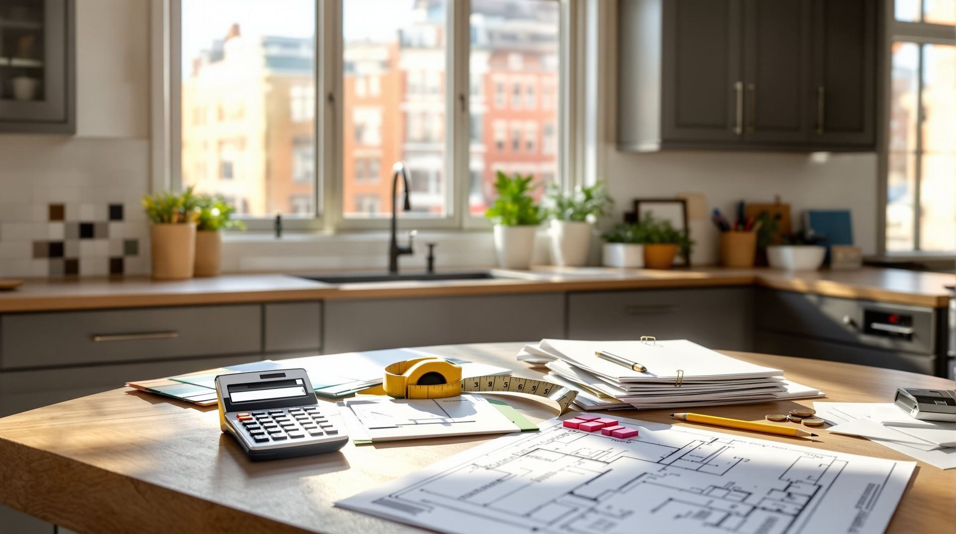 Architect’s desk with blueprints, calculator, tape measure, and papers in a bright kitchen near a window in Cincinnati, OH
