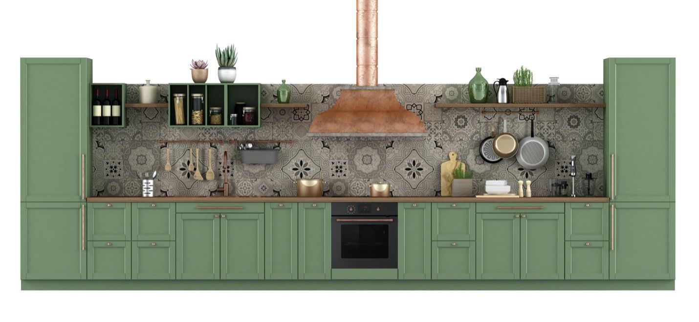 A kitchen with green cabinets and a copper hood.