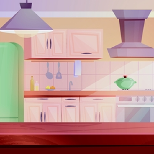 A cartoon illustration of a kitchen with a table in the foreground.