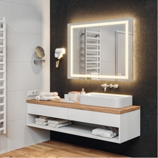 A bathroom with a sink a mirror and a towel rack