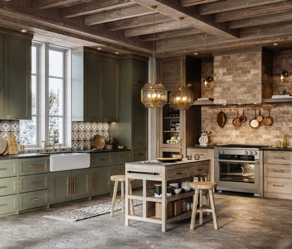A kitchen with green cabinets and a wooden island in the middle