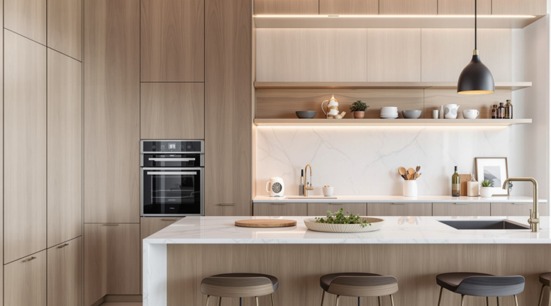 Modern minimalist kitchen with light wood cabinetry, white island, and pendant lights over bar stools. In Cincinnati, OH.