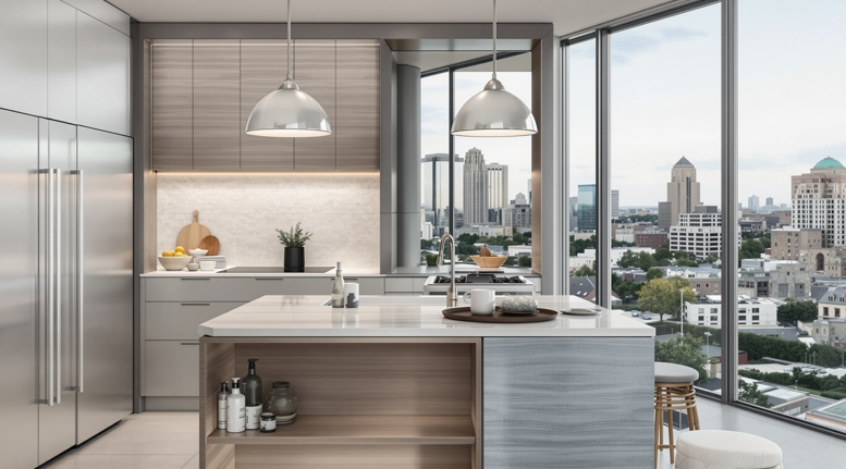 Modern kitchen with island, pendant lights, and floor-to-ceiling windows overlooking a city skyline in Cincinnati, OH. 