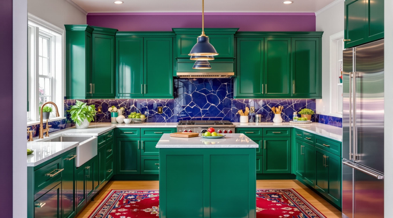 Bright green kitchen with blue tile backsplash, stainless appliances, and a central island on colorful rugs in cincinnati, OH 