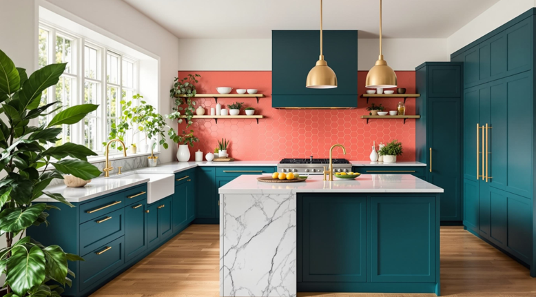 Modern kitchen with teal cabinets, coral backsplash, marble island, brass pendants, and lush green plants. In Cincinnati, OH 