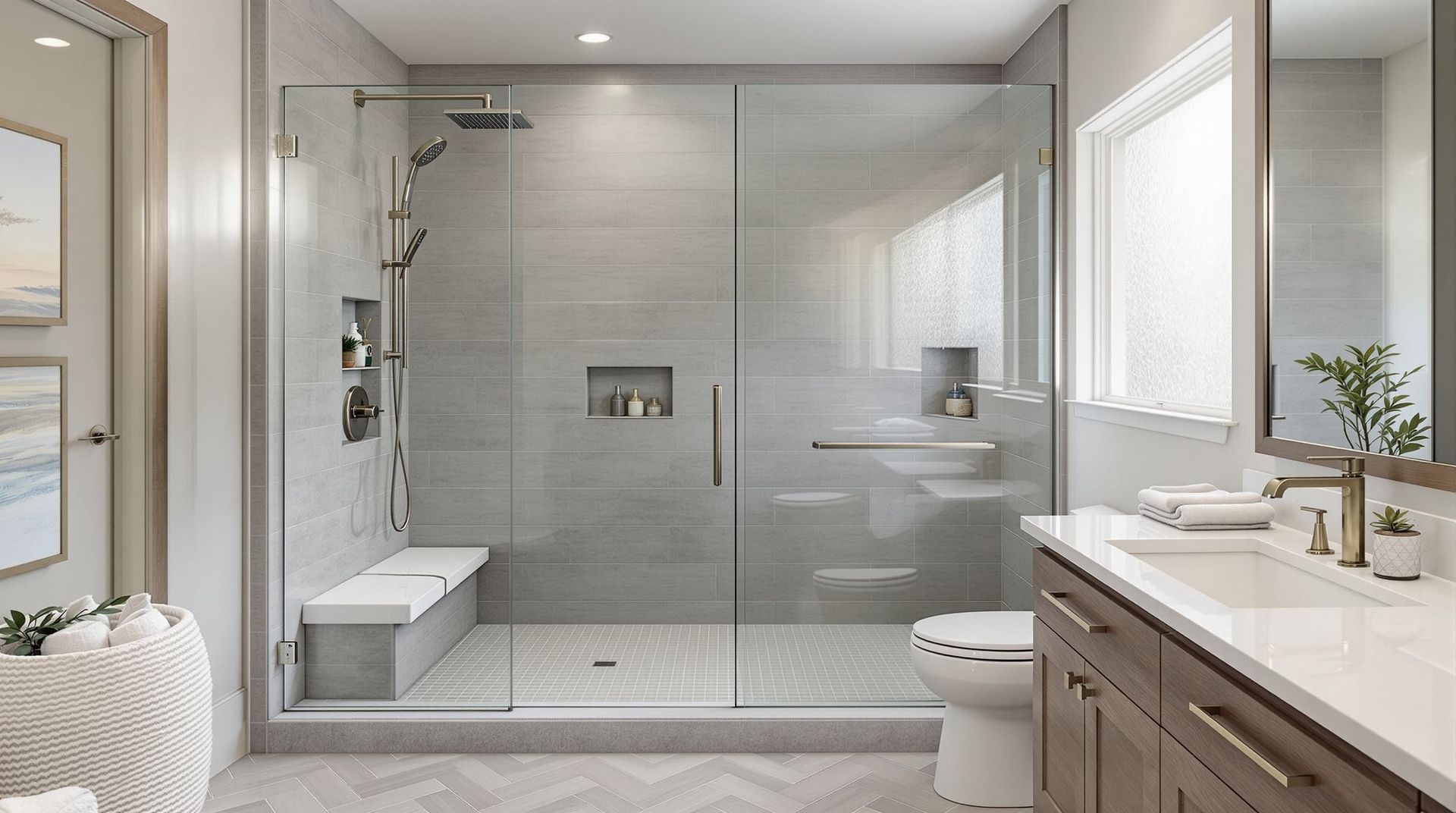 Bright modern bathroom with glass shower, vanity, and window light in Cincinnati, OH