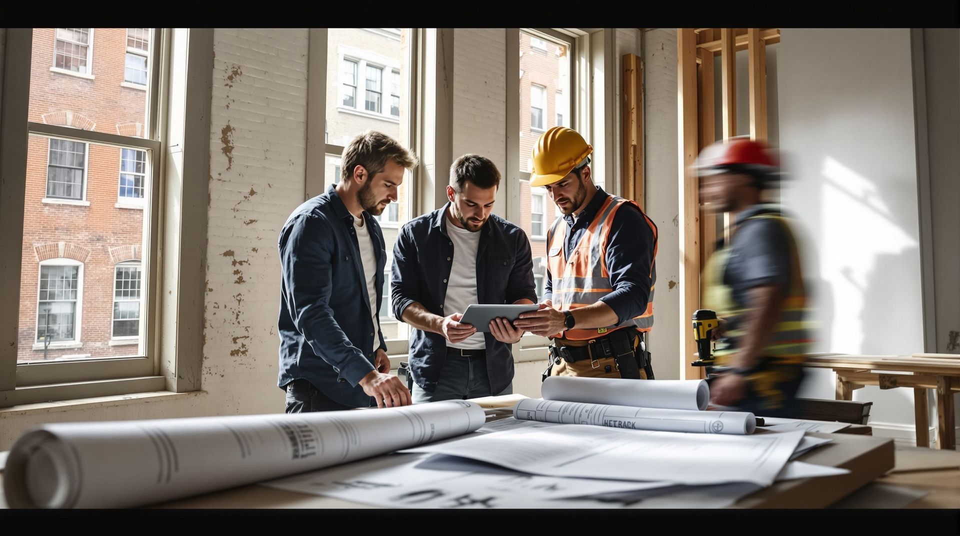 Workers in hard hats reviewing plans at a construction site office table in Cincinnati , OH