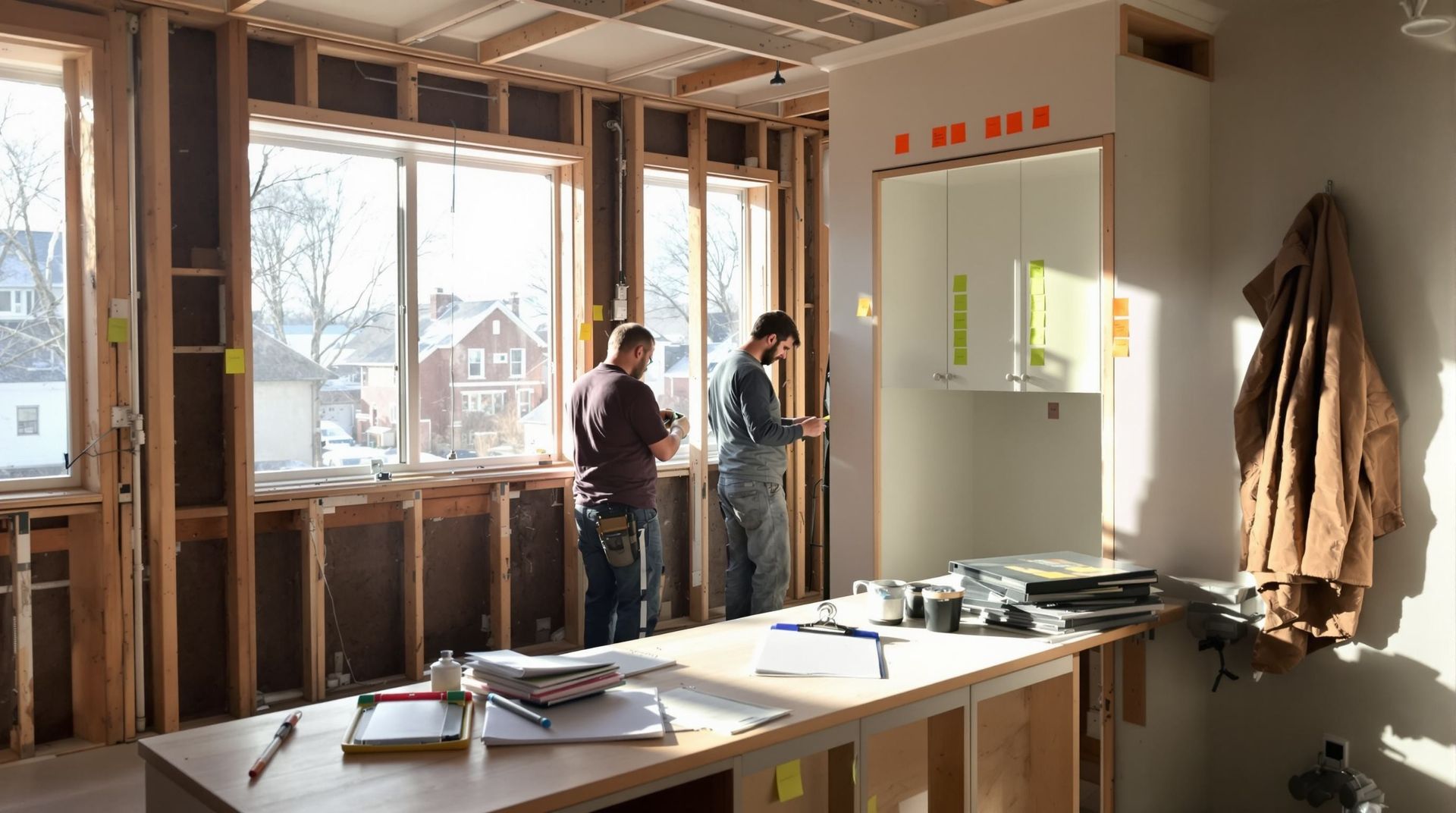 Sunlit room under renovation with two people by windows, tools on a worktable, and coats hanging on the wall in Cincinnati, OH 
